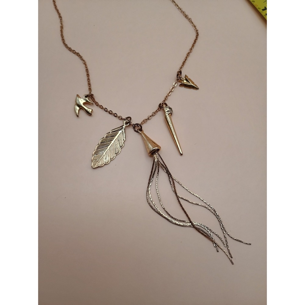 Gold‎ Tone Boho Feather Bird Arrowhead Spike Charm Tassel Long Chain Necklace - Picture 3 of 3